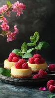 Delightful mini cheesecakes with fresh raspberries and mint leaves on a decorative tray surrounded by pink blossoms photo