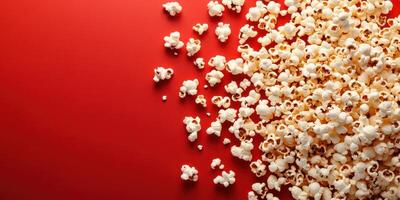 Popcorn scattered on a vibrant red surface evokes a playful atmosphere for movie night gatherings photo