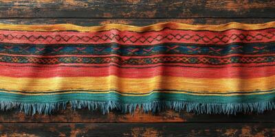 Colorful woven blanket draped over a rustic wooden table with intricate patterns in bright shades photo