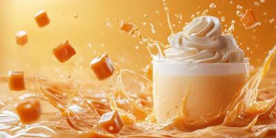Creamy dessert splash with caramel cubes in golden syrup background during a bright afternoon photo