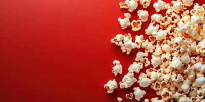 Popcorn scattered on a vibrant red background creates a playful and inviting snack display photo