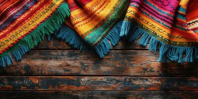 Colorful woven blankets lay on a rustic wooden surface, showcasing intricate patterns and vibrant hues photo