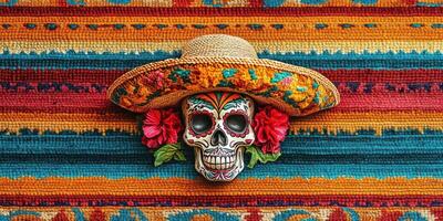 Vibrant sugar skull with flowers and sombrero on colorful woven textile during the Day of the Dead celebration photo