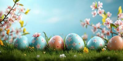 Colorful Easter eggs surrounded by blooming flowers on a sunny spring day photo