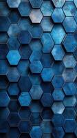 Intricate blue hexagonal tiles create a stunning geometric pattern on a textured surface in modern interior design photo