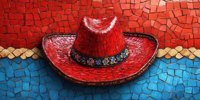 Bright red mosaic sombrero adorns vibrant blue and red tiled background creating a festive atmosphere photo