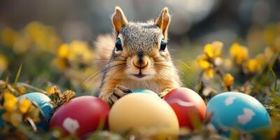 Squirrel curiously examines colorful Easter eggs in a spring meadow surrounded by blooming flowers photo