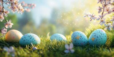 Colorful Easter eggs nestled among spring flowers in a sunlit garden setting photo