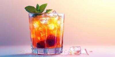 Refreshing cocktail with raspberries and mint served over ice at sunset photo