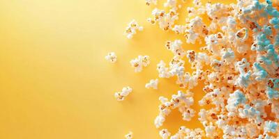 Popcorn scattered on a bright yellow background creating a playful and vibrant atmosphere photo