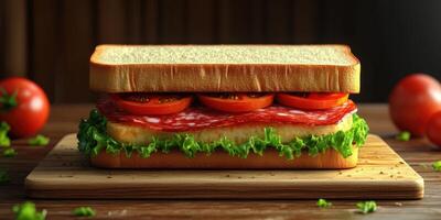 Delicious sandwich with layers of fresh ingredients on wooden cutting board photo