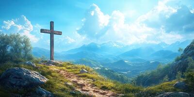 Mountain landscape featuring a wooden cross under blue skies with clouds during daytime photo