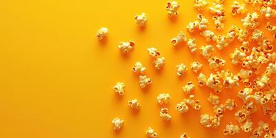 Colorful popcorn scattered against a bright yellow background for a vibrant visual appeal and a fun snack moment photo