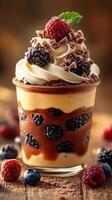 Indulgent dessert featuring layered chocolate, fruit compote and whipped cream served in a glass cup during a cozy gathering photo