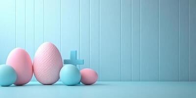 Colorful pastel eggs arranged creatively on a serene blue surface in a decorative setting for a festive occasion photo