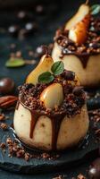 Decadent chocolate dessert topped with fresh pears and crunchy crumbs, perfect for a gourmet treat photo