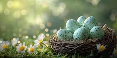 Nest with speckled eggs surrounded by flowers in a soft, luminous setting during springtime photo
