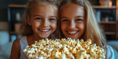 Two smiling girls sharing a large bowl of popcorn during a movie night at home in a cozy living room photo