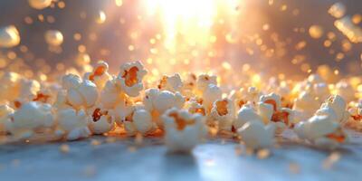 Popcorn bursts into the air as it cooks in a warm, bright kitchen near sunset, creating a lively and fun atmosphere photo