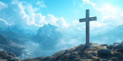 Mountain landscape with a wooden cross under a clear blue sky photo