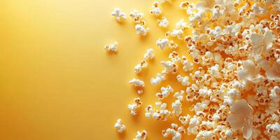 Freshly popped popcorn scattered on a vibrant yellow background evokes a cheerful snack moment photo