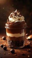 Decadent chocolate dessert served in a lush glass jar with whipped cream and chocolate shavings on top in a warm environment photo