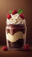 Delicious layered dessert in a jar with chocolate, cream, and fresh raspberries displayed on a brown background photo