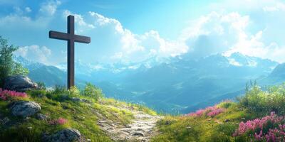 Serene mountain landscape with a wooden cross amidst blooming flowers under a clear blue sky photo