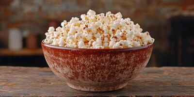 Homemade popcorn served in a rustic bowl against a cozy background with warm lighting and textured walls photo