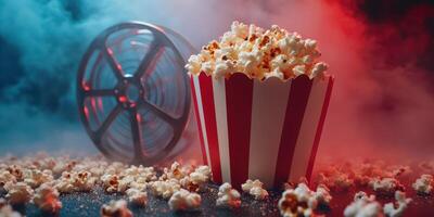 Delicious popcorn and a film reel surrounded by colorful smoke in a cinematic atmosphere photo