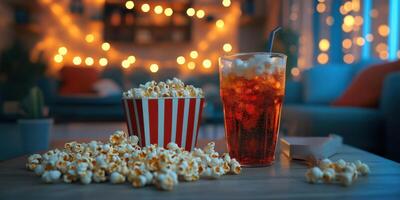 Enjoying a cozy movie night with popcorn and a refreshing drink in a warm, inviting living room filled with lights photo