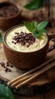 Creamy dessert topped with chocolate chips and mint leaves served in a rustic mug photo