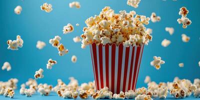 Colorful popcorn overflowing from a striped container with popcorn scattered on a blue backdrop photo