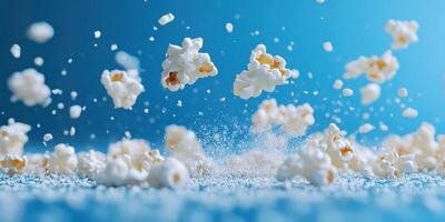 Popcorn bursts into the air in a playful display against a blue background during a lively movie night photo