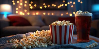 Enjoying a cozy movie night at home with popcorn and a drink in a warmly lit living room photo