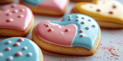 Beautifully decorated heart-shaped cookies in vibrant colors for a sweet celebration in a cozy kitchen photo