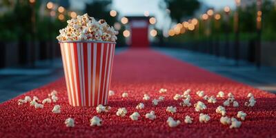 Popcorn sits in a striped bucket on a red carpet surrounded by lights at an outdoor event in the evening photo