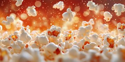 Popcorn popping in a dynamic display of texture and movement with an appealing orange background photo