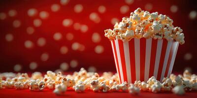 Popcorn overflowing from a striped container on a vibrant red background with scattered popcorn pieces photo