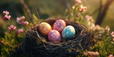 Colorful easter eggs nestled in a bird's nest surrounded by blooming flowers on a sunny spring morning photo