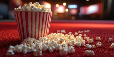 Freshly popped popcorn spilled on a red carpet in a movie theater during an evening screening event photo