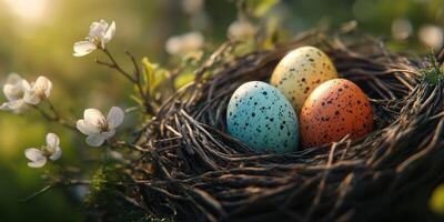Colorful speckled eggs nestled in a bird's nest surrounded by blooming flowers in a serene natural setting photo