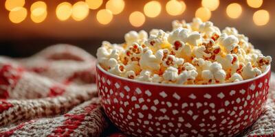 Warm bowl of popcorn on a cozy blanket with soft lights for a cozy movie night at home photo