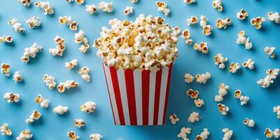 Brightly colored popcorn box surrounded by scattered popcorn on a blue background during a fun movie night photo