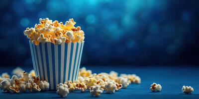Delicious popcorn served in a striped cup with scattered kernels on a blue background photo