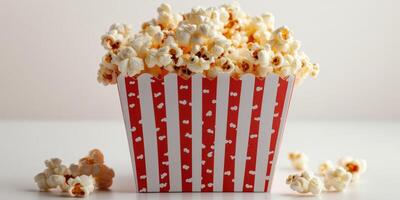 Freshly popped popcorn in a red and white striped container ready for a movie night at home photo