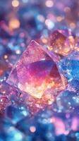Colorful crystal display with sparkling reflections in a close-up setting during a bright, illuminated scene photo