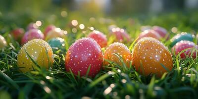 Colorful Easter eggs glisten in sunlight on vibrant green grass during springtime celebration photo