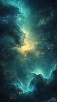 Vibrant cosmic nebula shines among distant stars in a rich color palette of blues and golds photo