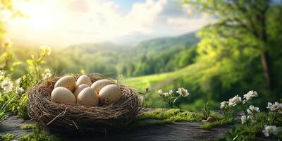 Nest of speckled eggs in a tranquil meadow during the golden hour with soft sunlight filtering through trees photo